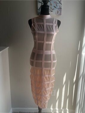 Grid-Panel Midi Dress in Blush Pink